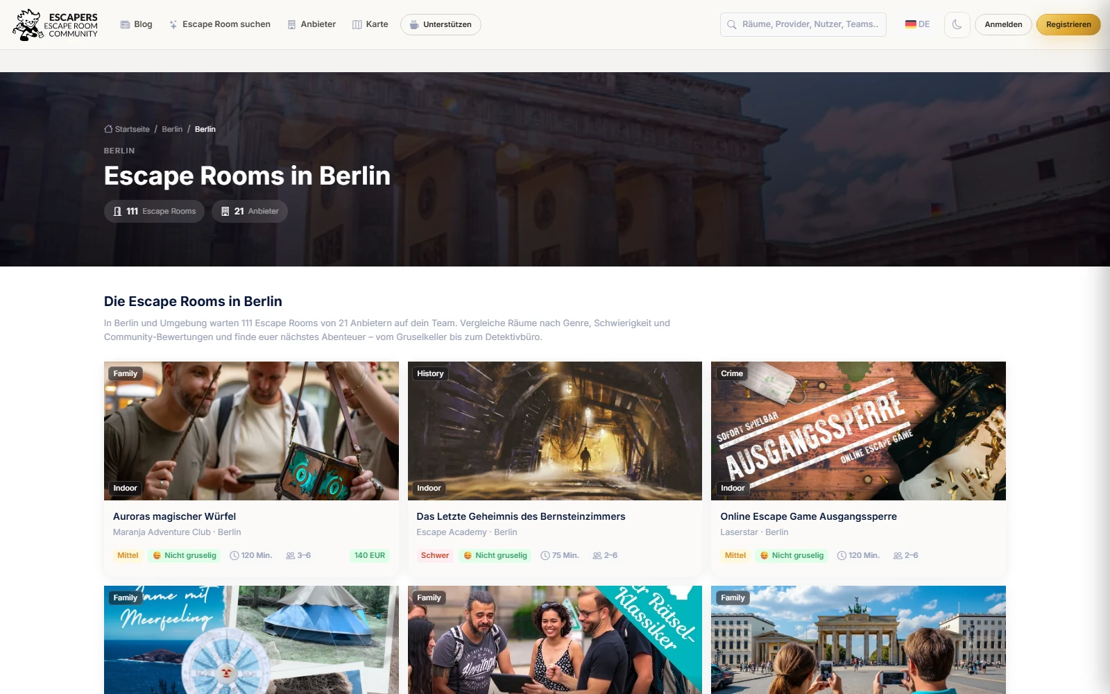 Stadtseite Berlin mit den Escape Rooms und Anbietern der Stadt.